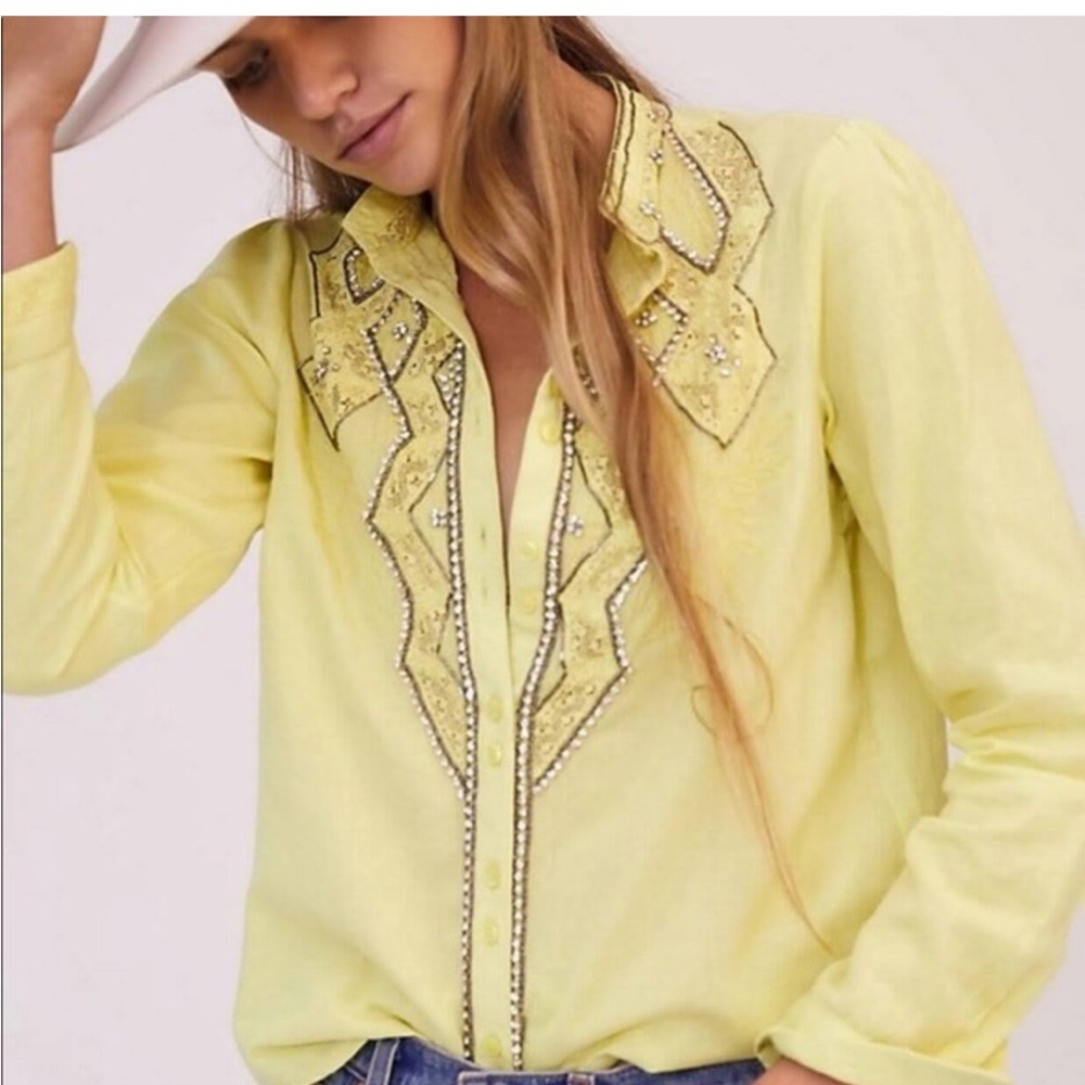 Pilcro Anthropologie Beaded Western Button Down Top Women Size M